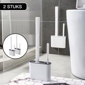 2 Stuks Antibacteriële Siliconen WC-borstel Set met Platte Brede en Ronde Borstelharen - Inclusief Borstelhouder - Donkergrijs