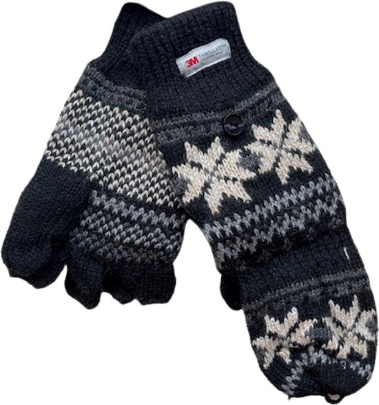 Vingerloze handschoenen/want - Dames handschoenen - Handschoenen zonder vingers - Thinsulate - Wol - Noors motief zwart - One size