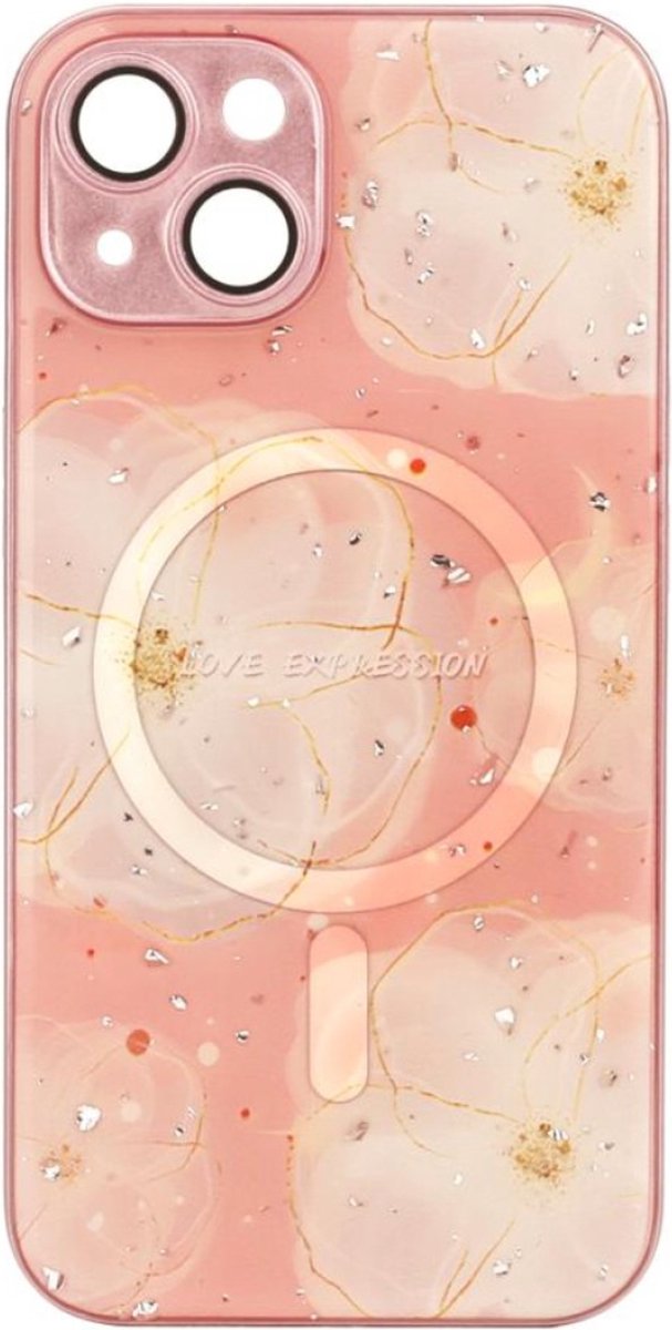Apple iPhone 15 Pro Max Hoesje Bloem Oranje Roze Marmer, Met Lensbeschermer - Magsafe - Magneet Case Met Ring en camera cover