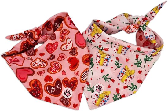 Foto: Bandana hond kleurrijke hondenbandana roze rood hartjes roosjes cadeautjes love at first bark paw my god maat m