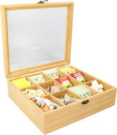 ACAZA Tea Box Bamboe - Boîte de Rangement à Thé avec Couvercle Transparent - 12 Compartiments - Bois de Bamboe