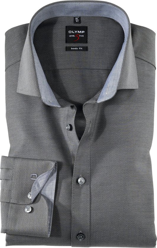 OLYMP Level 5 body fit overhemd - antraciet grijs structuur (contrast) - Strijkvriendelijk - Boordmaat: 39