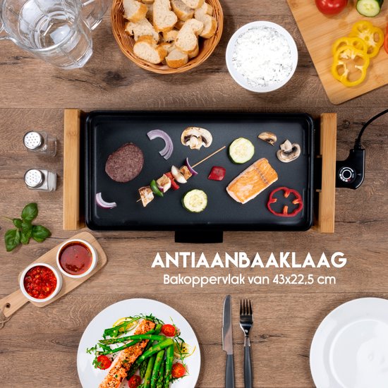 alpina Teppanyaki Bakplaat 2000W - Gourmet Grillplaat XL - Tafelgrill met Instelbare Thermostaat - Grill Plaat 43 x 22,5 cm - voor 2 tot 4 Personen - Anti-Aanbaklaag - Bamboo/RVS — afbeelding 3