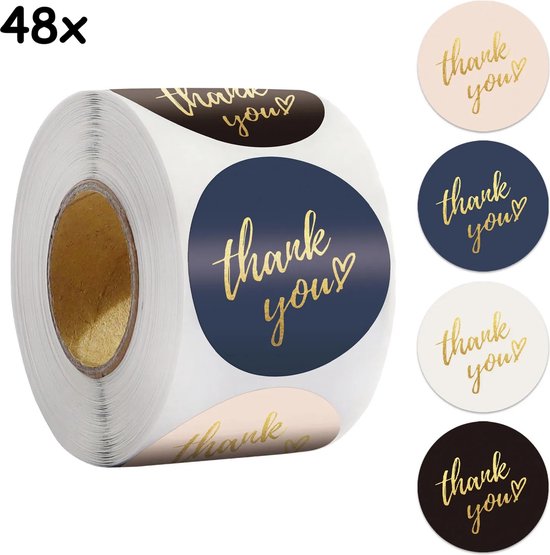 Foto: Sluitsticker sluitzegel thank you mix kleur bedankt zakelijk trouwerij envelop diverse kleuren goud tekst thank you stickers envelop stickers cadeau gift cadeauzakje zakelijk creativiteit 48 stuks 2 5 cm