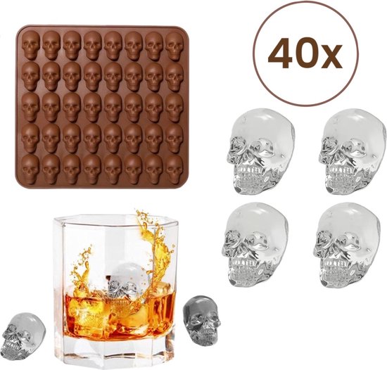 Living by ROKA® IJsblokjesvorm doodskop | IJsblokjesvorm | 40 ijsblokjes | Vorm voor ijsblokjes, gelei, chocolade, snoep | Herbruikbare ijsblokjesvorm | Luxe ijsblokjesvorm | skull ijsblokjes | IJsblokjes mal | Siliconen ijsblokjesvorm | BPA-vrij