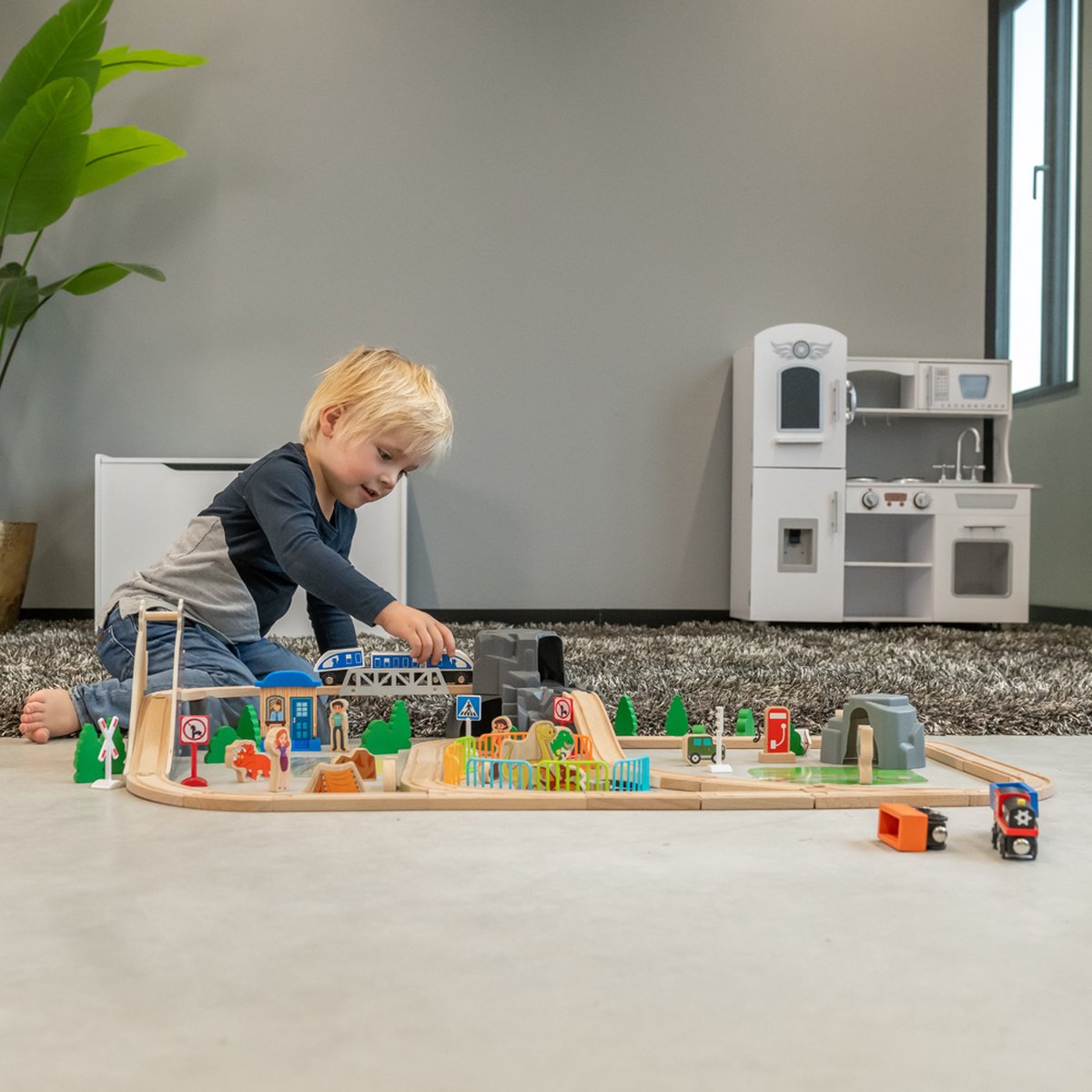 Bandits & Angels Houten Treinset Dinosaurus 90 delig vanaf 3 jaar voor Jongens en Meisjes - Trein Set van Hout voor Kinderen - Treinbaan met Accessoires - 90 delen — afbeelding 2