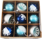 Kerstballen - 9 Delige Set - Kerstversiering - Blauw - Zilver - Verschillende Afwerkingen - Kerstboom Kerstballen - Voor in de kerstboom