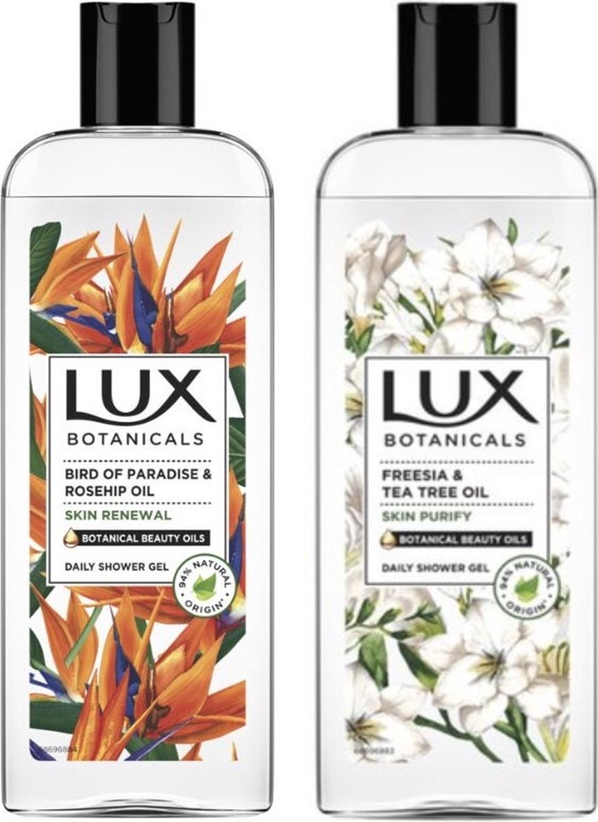 Duo verpakking Lux Botanicals Douchegel - 1 x Bird of Paradise & Rosehip 250 ml + 1 x Freesia & Tea Tree Oil 250 ml - Voordeelverpakking Shower Gel