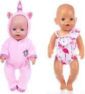 Set de 2 tenues pour poupées - Convient pour Bébé Born - Combinaison licorne & Maillot de bain Flamingo - Avec chaussons