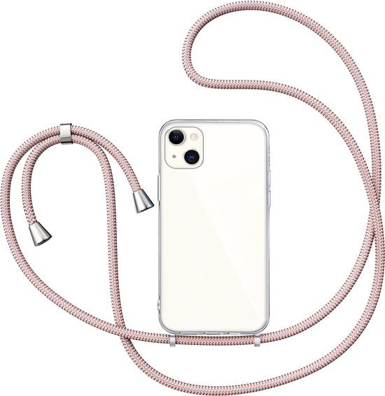 Hoesje met Koord geschikt voor iPhone 15 - Back Cover Siliconen Case Transparant Hoes Roségoud