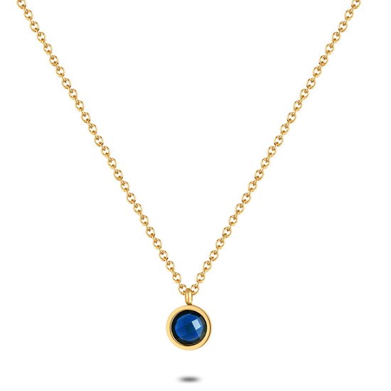 Twice As Nice Halsketting in goudkleurig edelstaal, rond blauw kristal 40 cm+5 cm