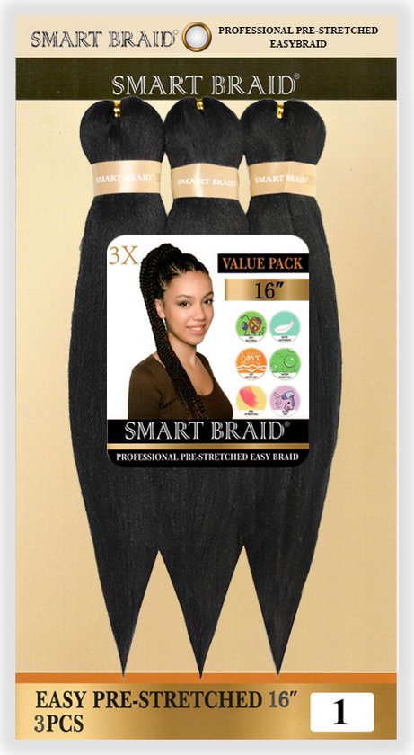 Foto: Smart braids pre stretched hair extensions 3 in een verpakking 16 inch kleur 1