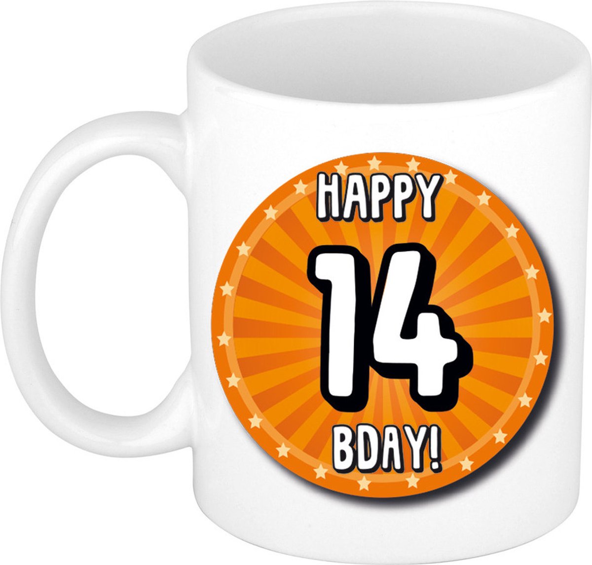 Bellatio Decorations Verjaardag cadeau mok 14 jaar - oranje - wiel - 300 ml - keramiek