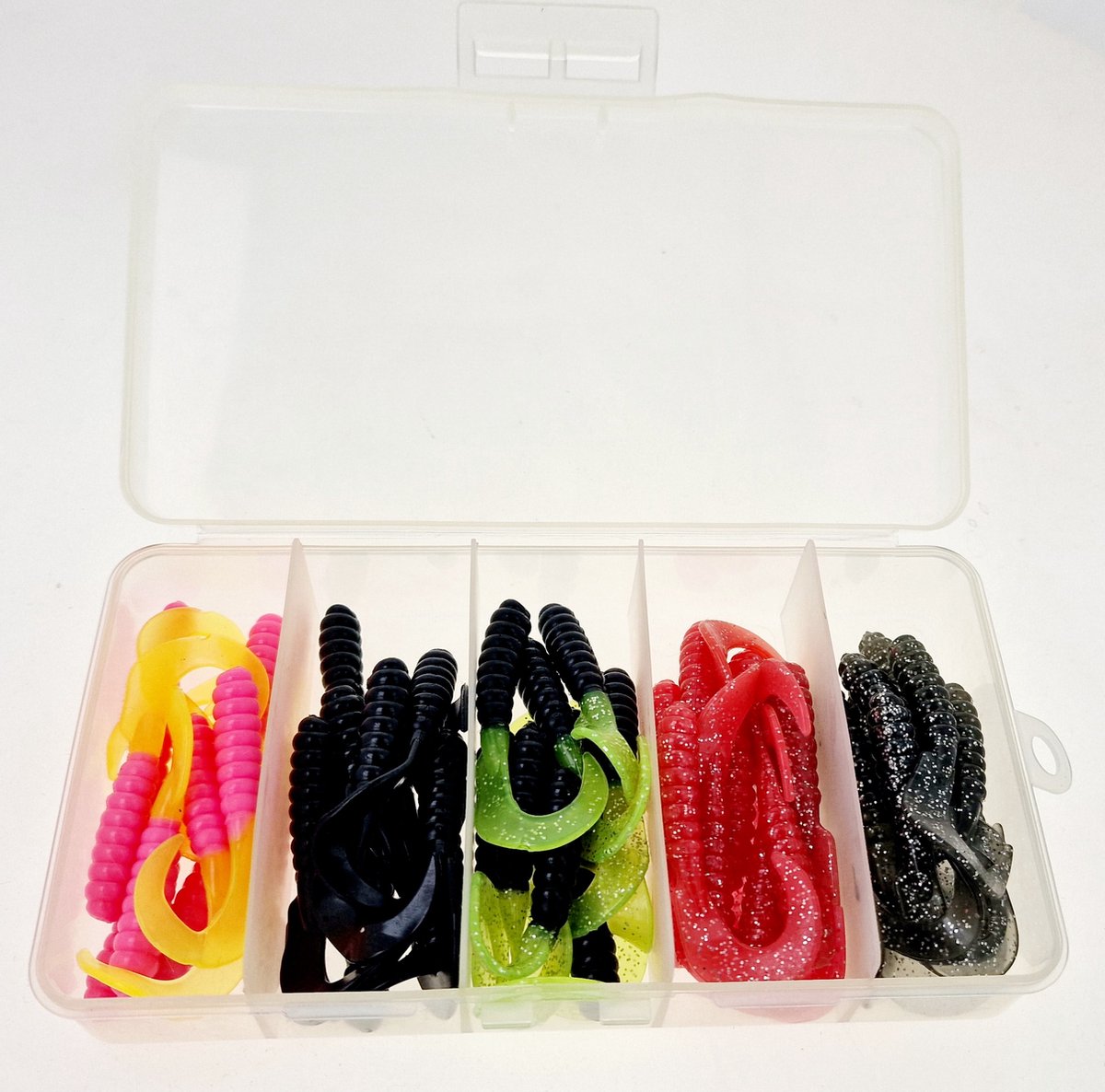 Qatrixx Softbait set 55 Delig - Enkele Twisters 7,5 cm uit Amerika - Staaldraad - inclusief Tacklebox - Roofvissen - Snoek - Baars - Snoekbaars - Kunstaas - Kunstaasset
