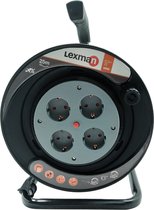 LEXMAN - Kabelhaspel met 4 stopcontacten - IP20 - 25 m - H05VV-F (3G 1,5 mm²) - 3000W Max - Meervoudige contactdoos met verlengstuk - Grijs - Kunststof