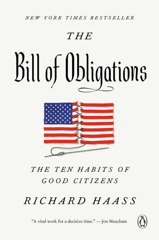 Couverture du livre "The Bill of Obligations", avec un drapeau américain cousu avec du fil rouge.