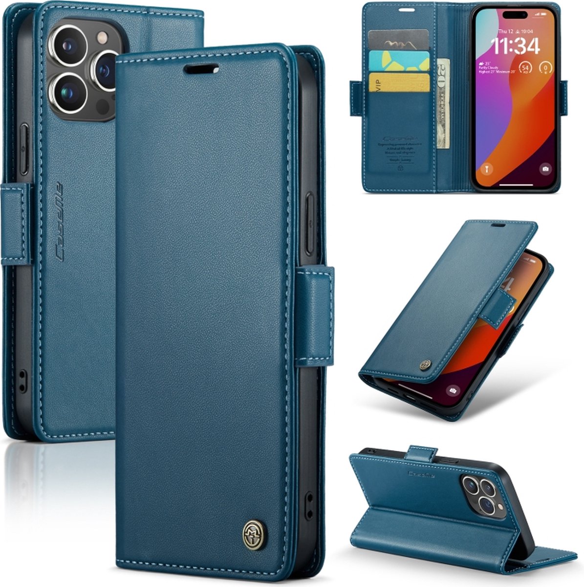 CaseMe Wallet Case met RFID Bescherming en Magneetsluiting voor iPhone 15 Pro _ Blauw