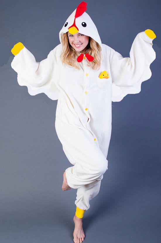 KIMU® Onesie Kip Pak - Maat XL-XXL - Kippenpak Kostuum Wit Ei Hen - Hennenpak Jumpsuit Fleece XXXL 3XL Dierenpak Dames Heren Festival