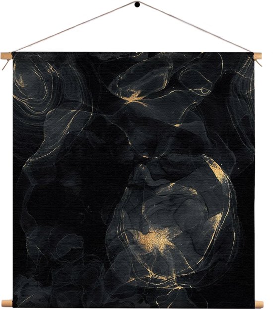 Textielposter Abstract Marmer Look Zwart met Goud 02 Vierkant XL (60 X 60 CM) - Wandkleed - Wanddoek - Wanddecoratie