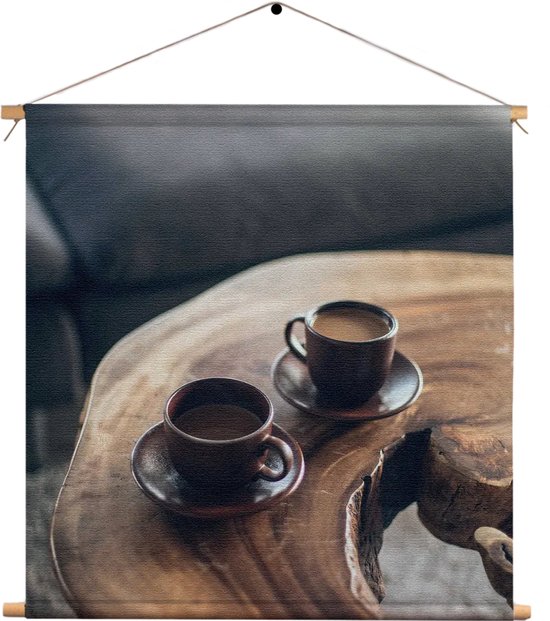 Textielposter Kopjes Koffie op Tafel Vierkant M (30 X 30 CM) - Wandkleed - Wanddoek - Wanddecoratie