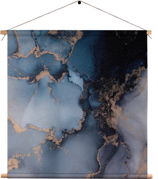 Textielposter Marmer Look Chique Donker Blauwtinten met Goud 03 Vierkant XXL (90 X 90 CM) - Wandkleed - Wanddoek - Wanddecoratie