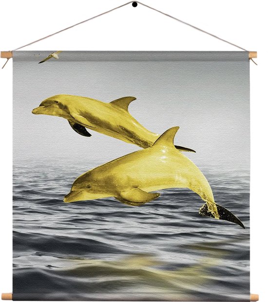 Textielposter Springende Dolfijnen Goud 01 Vierkant M (30 X 30 CM) - Wandkleed - Wanddoek - Wanddecoratie