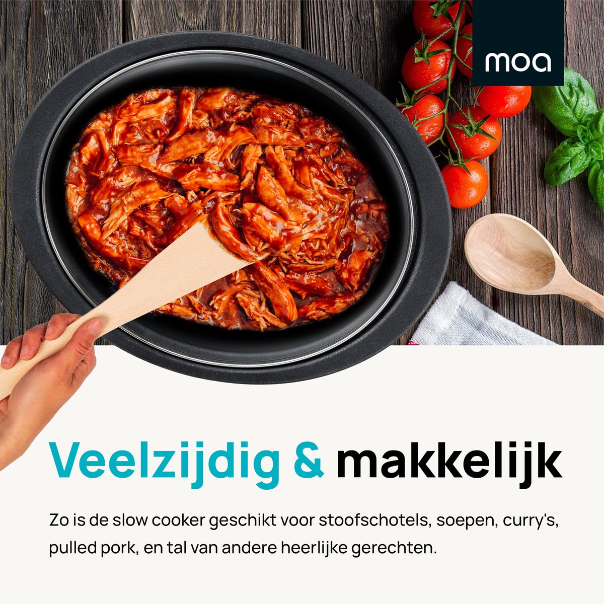 MOA 6,5L Slowcooker met Timer - 3 Warmtestanden - Ø 24,5cm - BPA-vrij - Aluminium Binnenpan - Doorzichtige Deksel - Vaatwasserbestendig - Zwart – foto 6