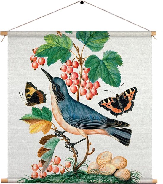 Textielposter Prent Natuur Vogel en Bloemen 10 Vierkant XXL (90 X 90 CM) - Wandkleed - Wanddoek - Wanddecoratie