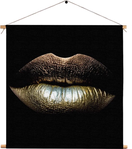 Textielposter Golden Lips Vierkant XL (60 X 60 CM) - Wandkleed - Wanddoek - Wanddecoratie