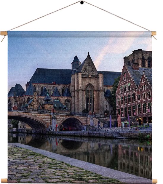 Textielposter Middeleeuwse Kathedraal en Brug Gent Vierkant M (30 X 30 CM) - Wandkleed - Wanddoek - Wanddecoratie