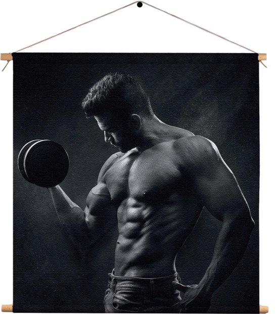 Textielposter Sexy Man Heft Gewicht Met Halter Vierkant XL (60 X 60 CM) - Wandkleed - Wanddoek - Wanddecoratie