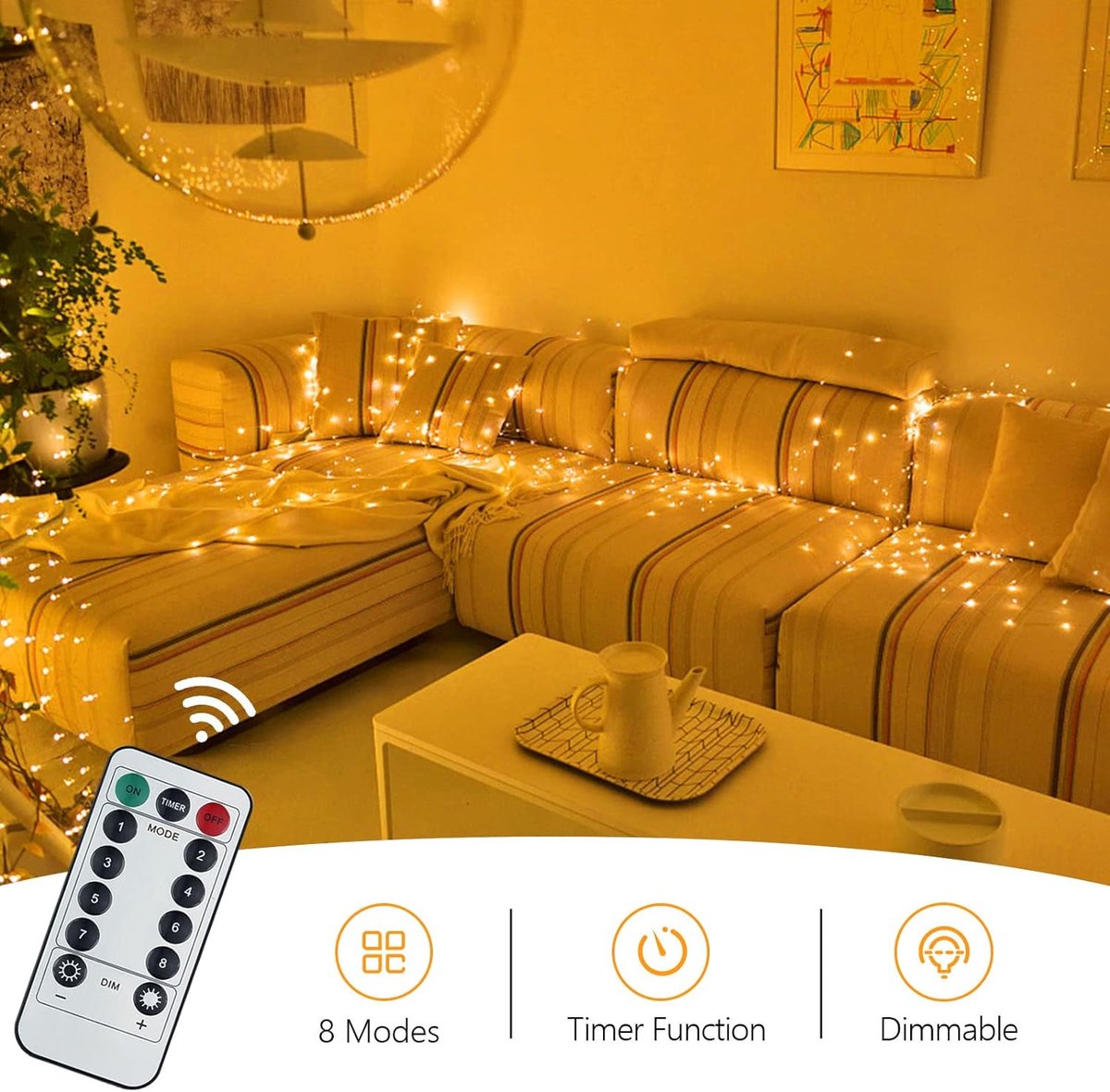 Lichtsnoer, kerstboom, werkt op batterijen, 15 m, 150 leds, USB