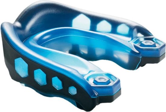Blauw-zwarte mondbeschermer met hexagonale openingen en een transparante blauwe bovenkant.