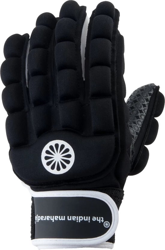 Zwarte "foam full finger" handschoen, wit logo op de hand, witte band.