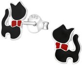 Joy|S - Zilveren kat poes oorbellen - 7 x 10 mm - zwart met rood strikje - kinderoorbellen