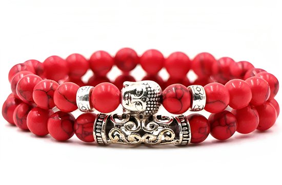 Kralen Armband met Buddha Beeld - Rood - Natuursteen - Boeddha Sieraden - Armbanden Heren Dames - Kralenarmband - Cadeau voor Man - Mannen Cadeautjes