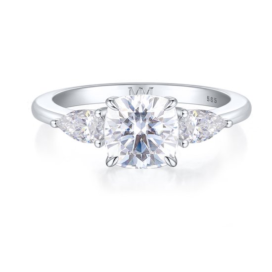 Trielle - Platinum Cushion Moissanite Verlovingsring met Peer Geslepen Zijstenen - 5 karaat