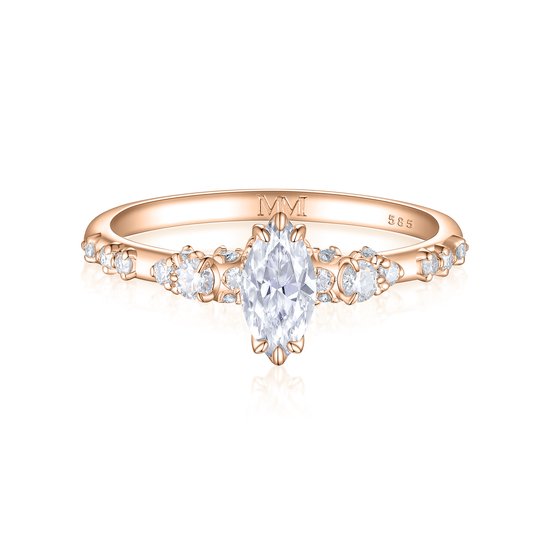 Elegante - 14k Roségouden Marquise Moissanite Ring met Vintage Geïnspireerde Minimalistische Zijstenen - 0.5 karaat