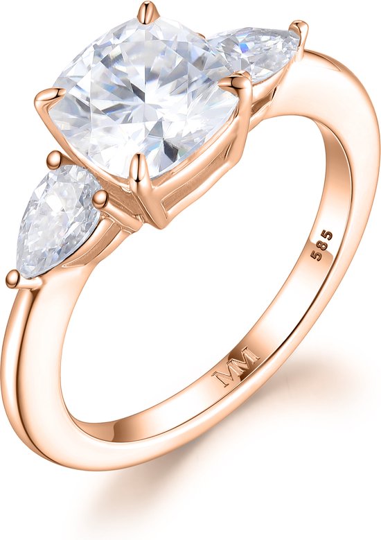 Trielle - Bague de Bague de fiançailles moissanite coussin en or rose 14 carats avec pierres latérales taille poire - 2,4 carats