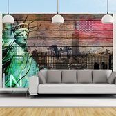Fotobehangkoning - Behang - Vliesbehang - Fotobehang - New York collage op houten planken - Amerika - 300 x 210 cm