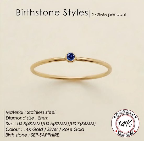 Soraro Birthstone Ring | September |16mm | 14K Goldplated | Goud | Cadeau Voor Haar | Cadeau Voor Vriendin | Verjaardag Cadeau | Moederdag Cadeau | Cadeau Ideeën