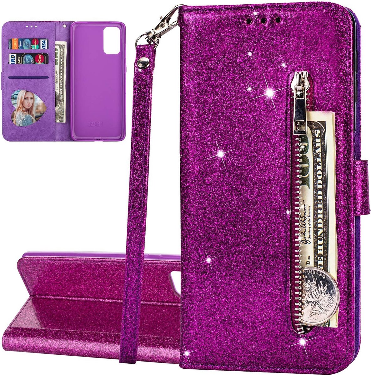 Portemonne hoesje Geschikt voor: Samsung Galaxy S20 Plus - bling glitter Bookcase met ritsvak en kaarthoudersleuf - beschermhoesje - paars