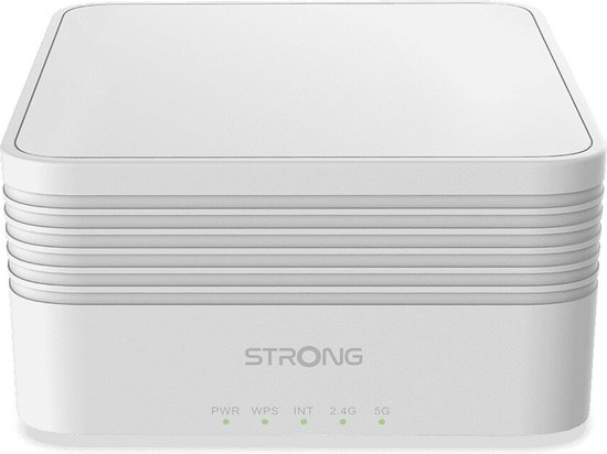 Appareil Wi-Fi mesh Strong blanc avec aérations et voyants lumineux.