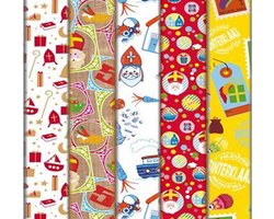 Product afbeelding van 5 rollen SINTERKLAAS papier - Inpakpapier - Pakpapier - Cadeaupapier- 46.5 x 250 cm.