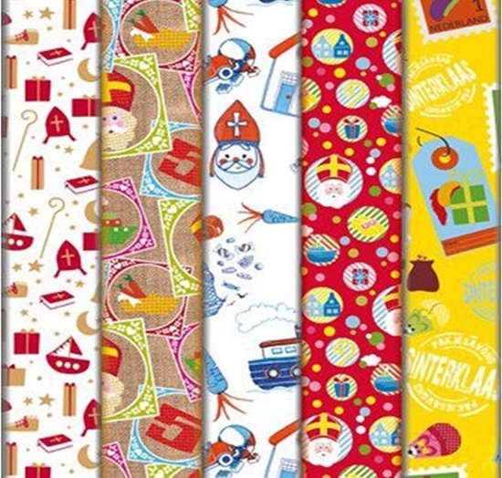 Assortiment 5 rollen SINTERKLAAS - Inpakpapier - Pakpapier - Cadeaupapier- 46.5 x 250 cm.