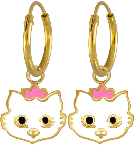 Joy|S - Zilveren kat poes bedel oorbellen - oorringen voor kinderen - 14k goudplating