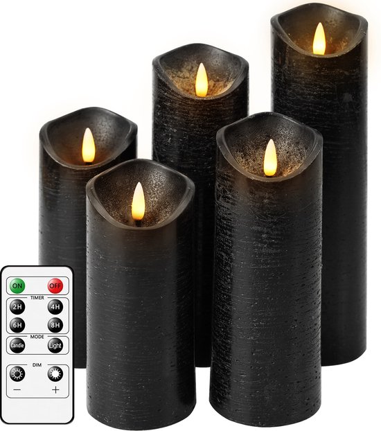 Bougies LED 5 pièces, bougies LED avec effet de flamme réelle, bougie LED, piles, bougies en cire véritable avec télécommande - Zwart