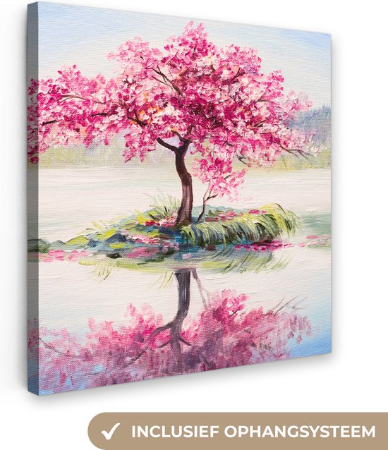 Canvas - Bloesemboom - Sakura - Olieverf - Water - Natuur - 20x20 cm - Schilderijen op canvas - Canvas doek - Muurdecoratie
