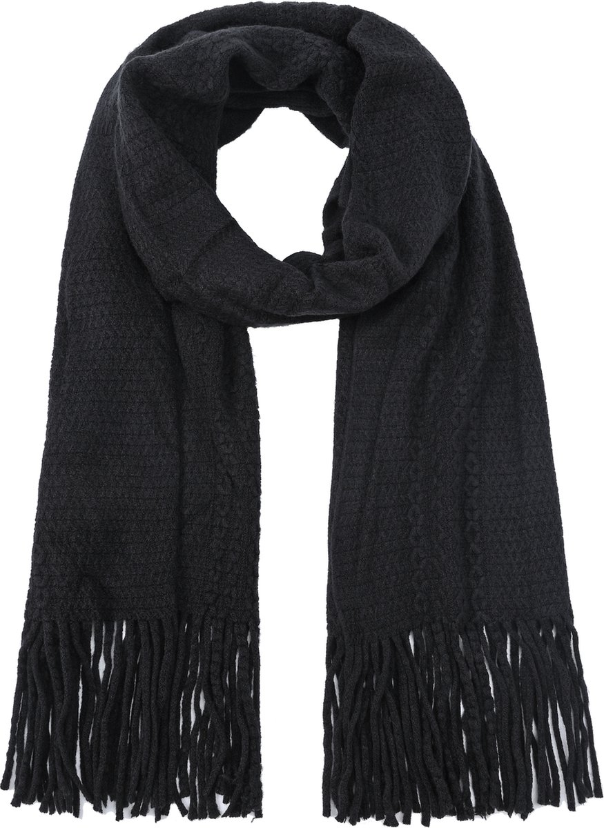 Nouka Zwarte Dames Sjaal - Warme & Lichte Sjaal – Herfst / Winter – Gebreid Patroon - met Franjes - 50 x 200 cm