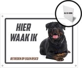 Waakbord/ bord alu di-bond | "Hier waak ik" | 30 x 20 cm | Rottweiler | Aluminium bord | Met 4 boorgaten | Zwart | Waakhond | Pet | Hond | Betreden op eigen risico | Gevaarlijke hond | Afschrik | Mijn huisdier | Roestvrij | 1 stuk